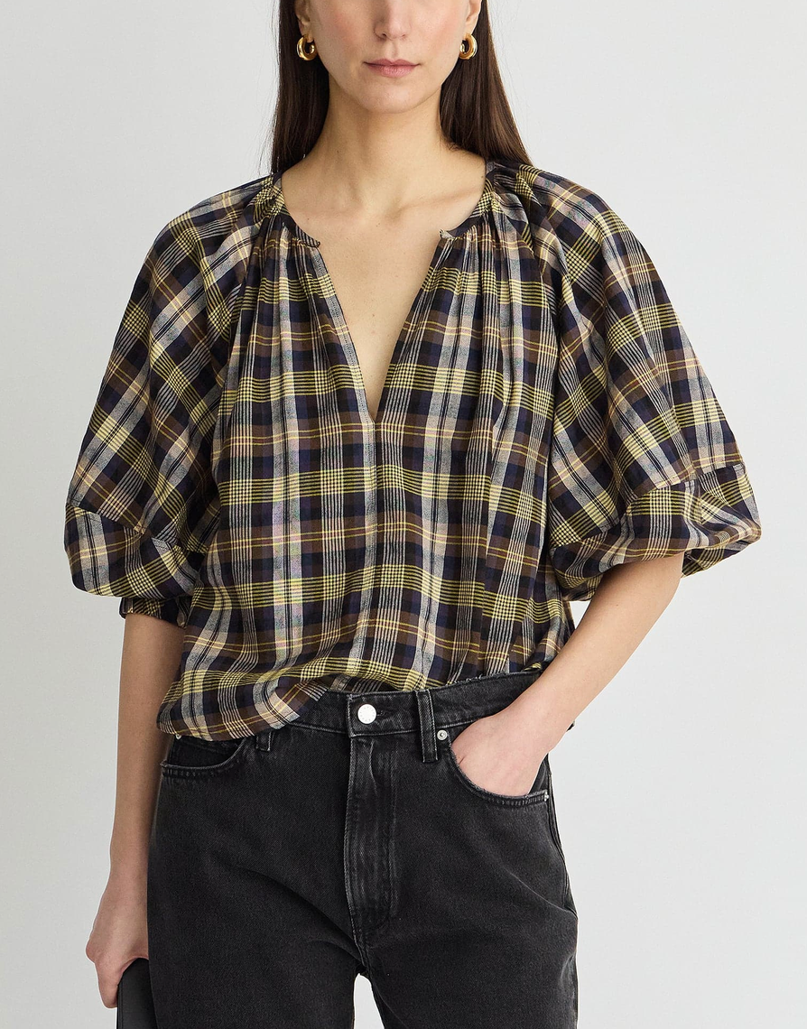Nele Lantern Sleeve Top Basket Weave Plaid