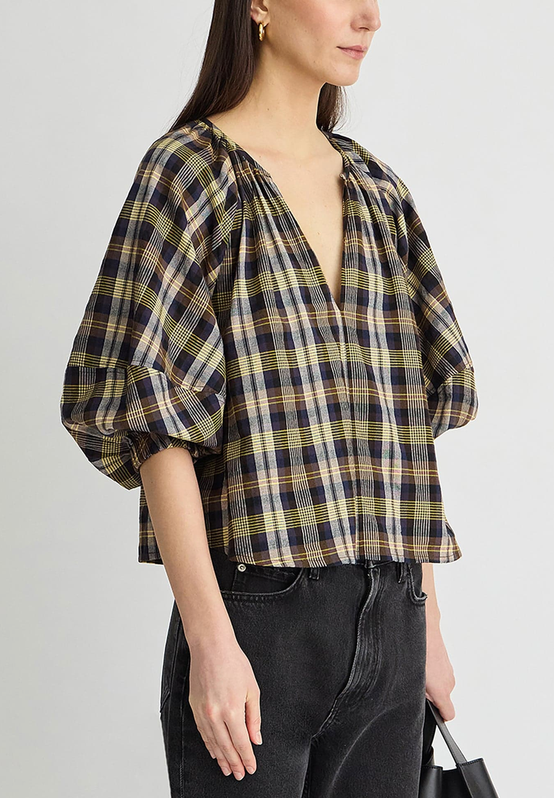 Nele Lantern Sleeve Top Basket Weave Plaid