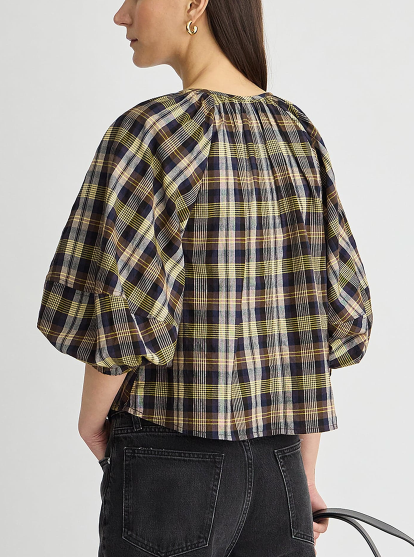 Nele Lantern Sleeve Top Basket Weave Plaid