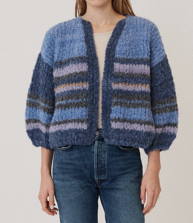 Wool alpaca mix bomber cardigan striped kingfisher