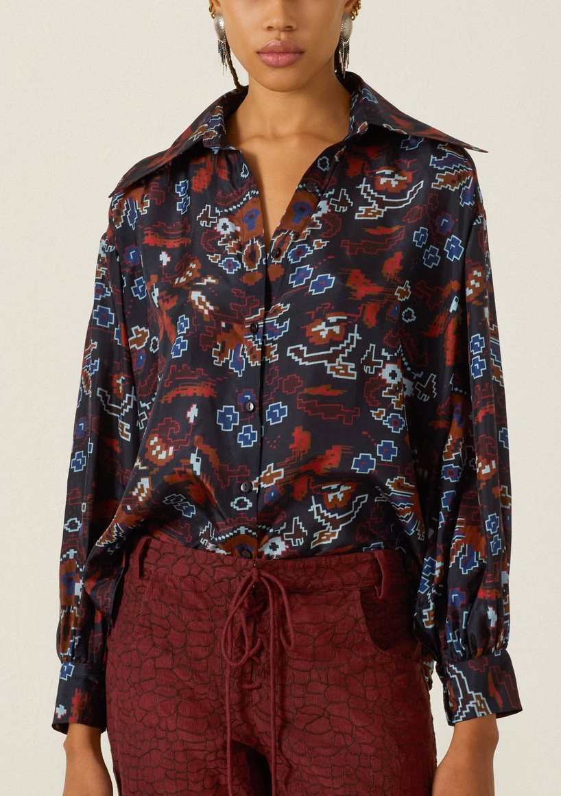 Emery Indigo Kilim Silk Shirt Dark Blue