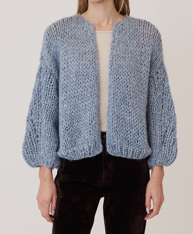 Chunky alpaca lace detail bomber cardigan light blue melange