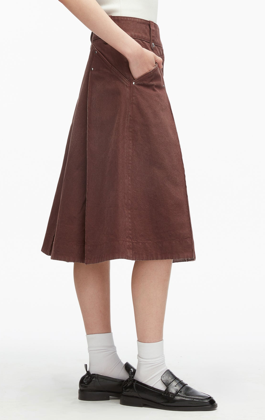 Pleated Denim Midi Skirt Espresso