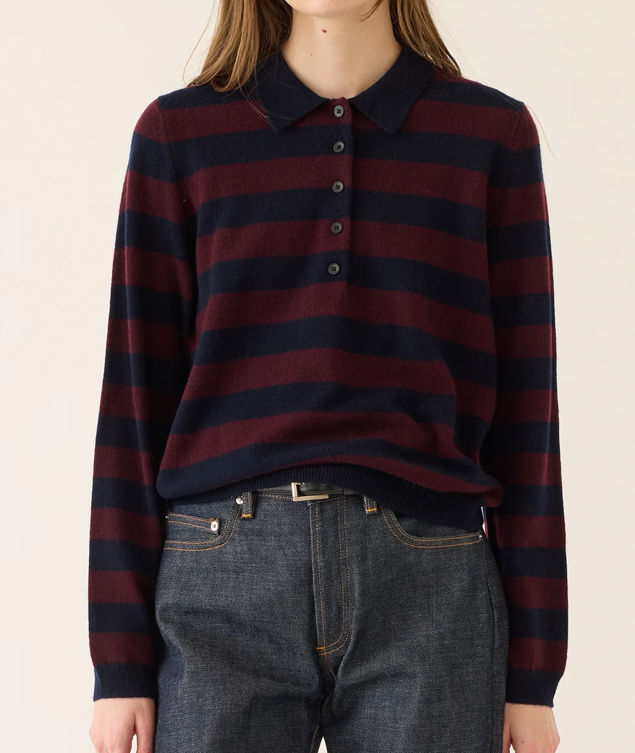 Ruth stripe cashmere polo sweater navy &amp; garnet stripe