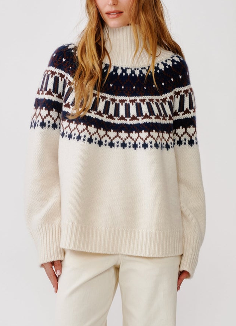 Cashmere Scottie Slouchy Fairisle Mockneck Gardenia Fairisle