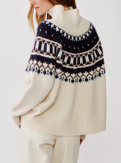 Cashmere Scottie Slouchy Fairisle Mockneck Gardenia Fairisle