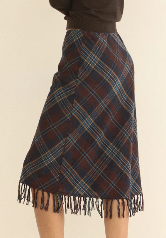 Elowette knotted fringe skirt willoughby plaid