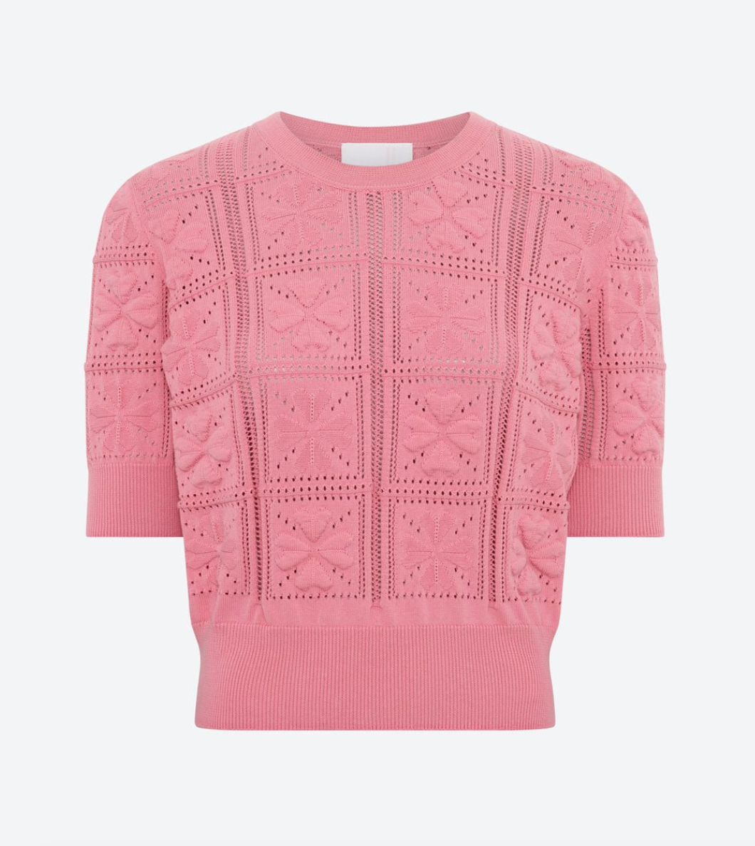 elixir knit top with clover motif cadillac pink