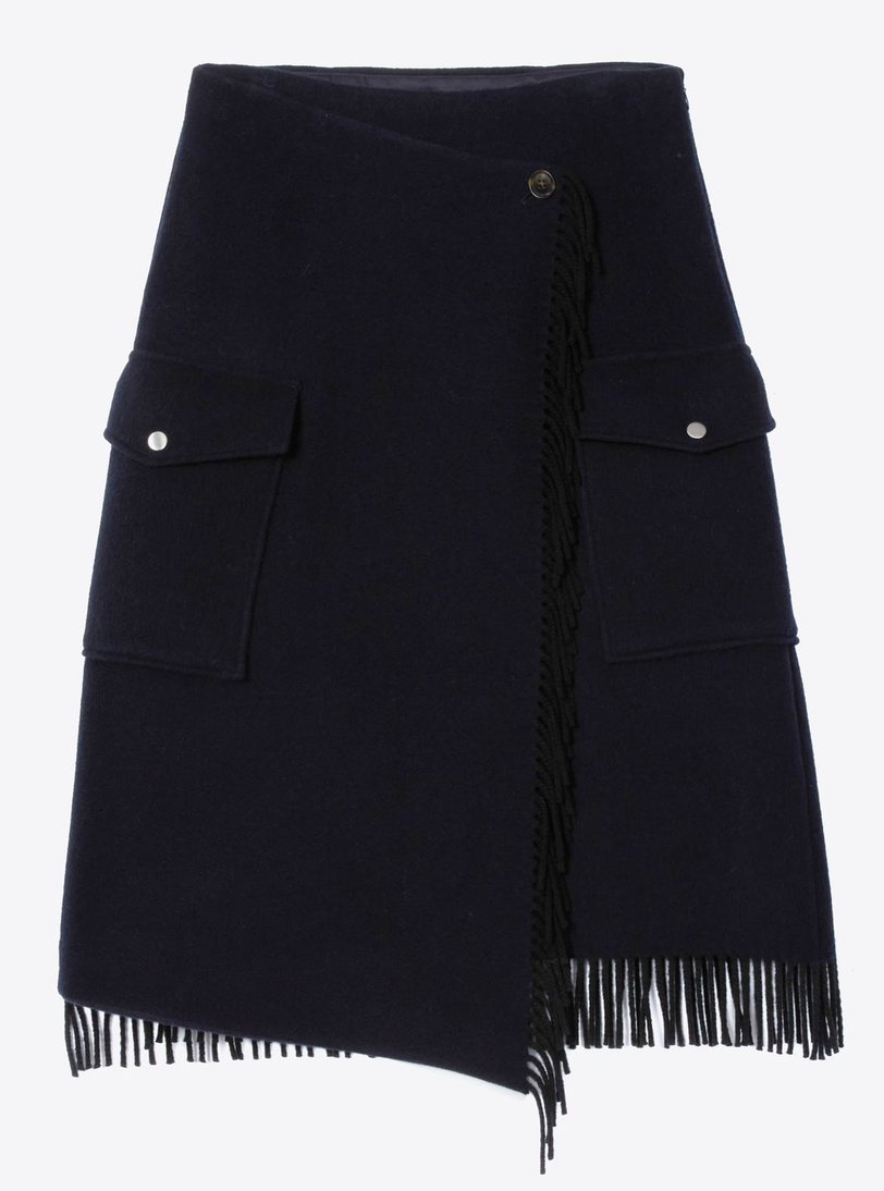 Wool blanket scarf-hem wrap midi skirt midnight