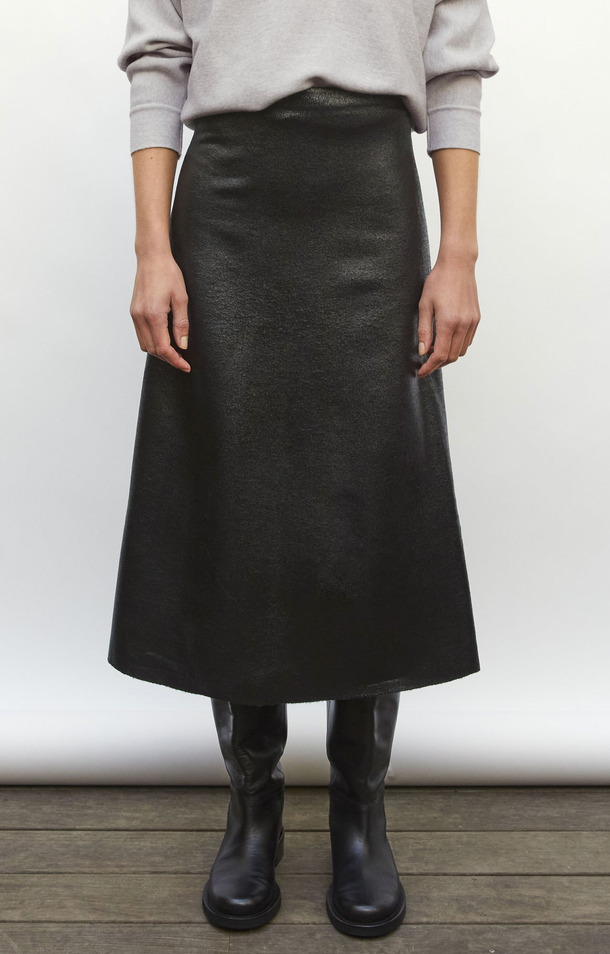 Long Knit Skirt Leather Look Deep Black
