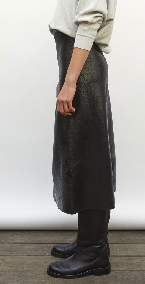 Long Knit Skirt Leather Look Deep Black