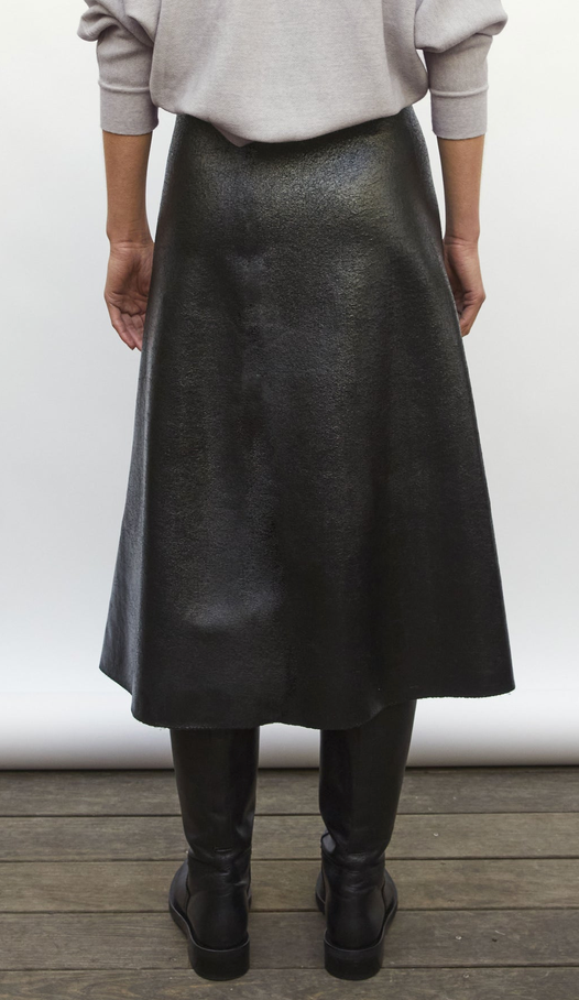Long Knit Skirt Leather Look Deep Black