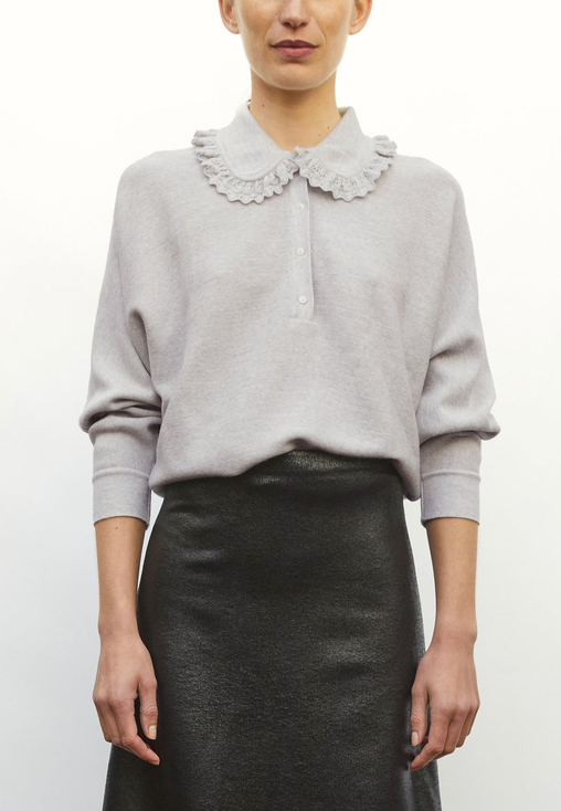 Wide Knit Top Lace Collar Light Heather Grey