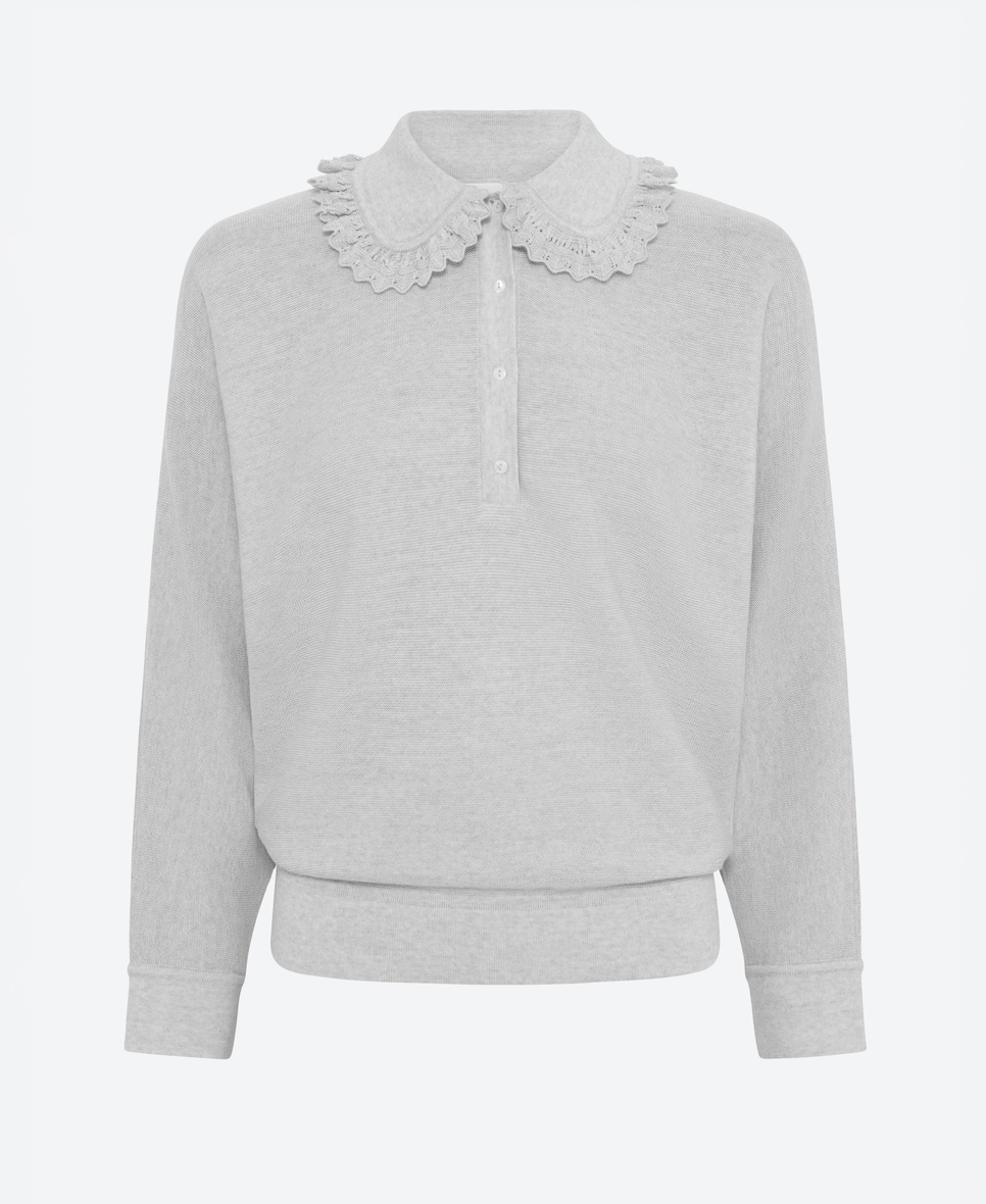 Wide Knit Top Lace Collar Light Heather Grey