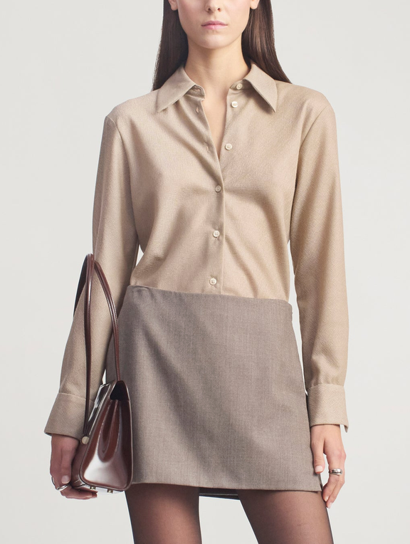 Joan Bias Button Down In Featherweight Wool Taupe