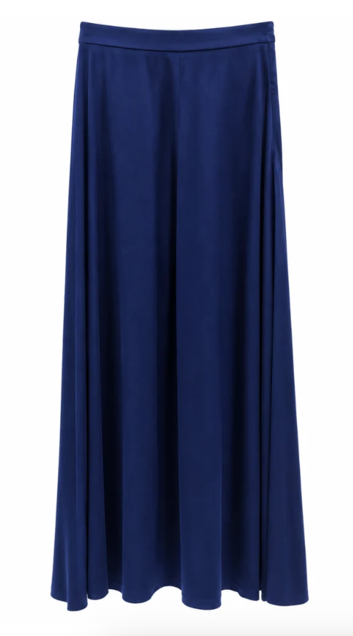 heavy stretch silk satin longuette flared skirt lapis lazzuli