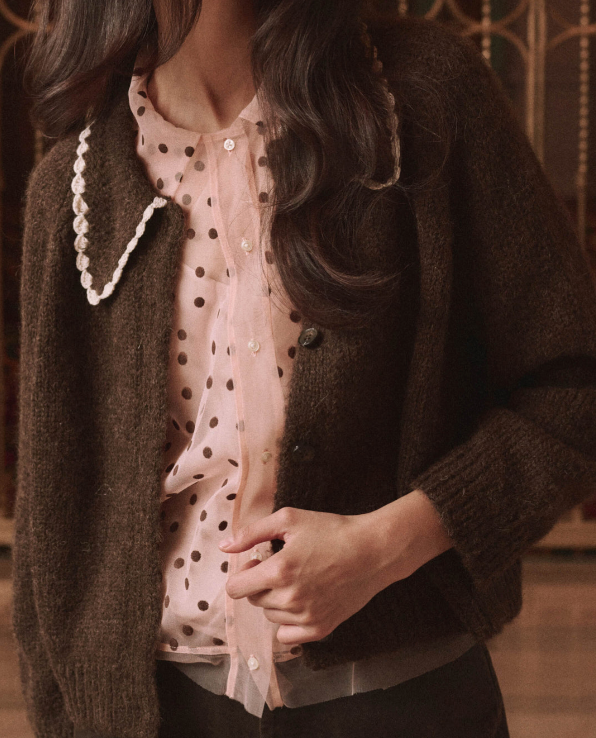 The Crochet Collar Cardigan Chocolate Brown