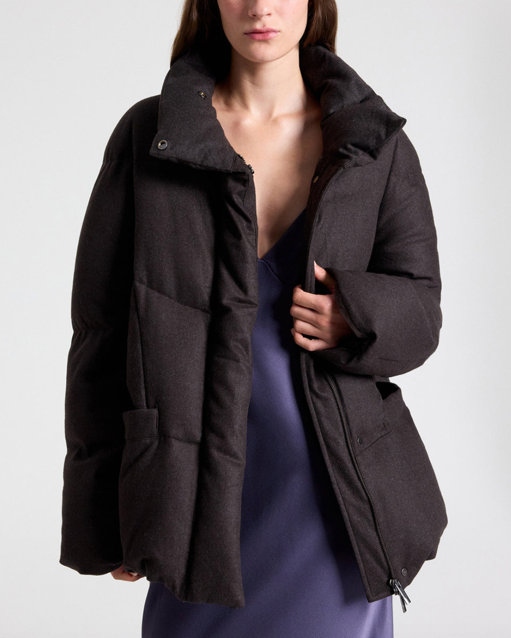 warm enough coat in wool flannel dark chocolate