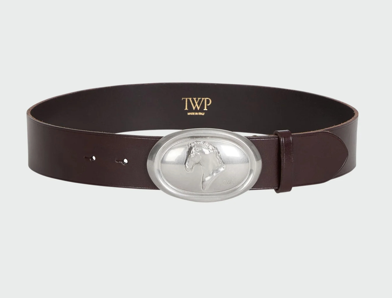buckle bunny belt with horse motif in vachetta leather cocoa / antique silver