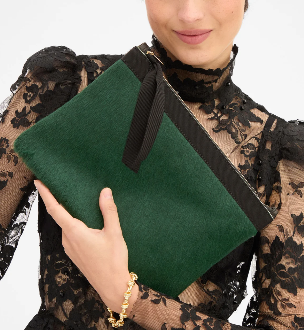 Flat Clutch w/ Tabs bottle green hair on