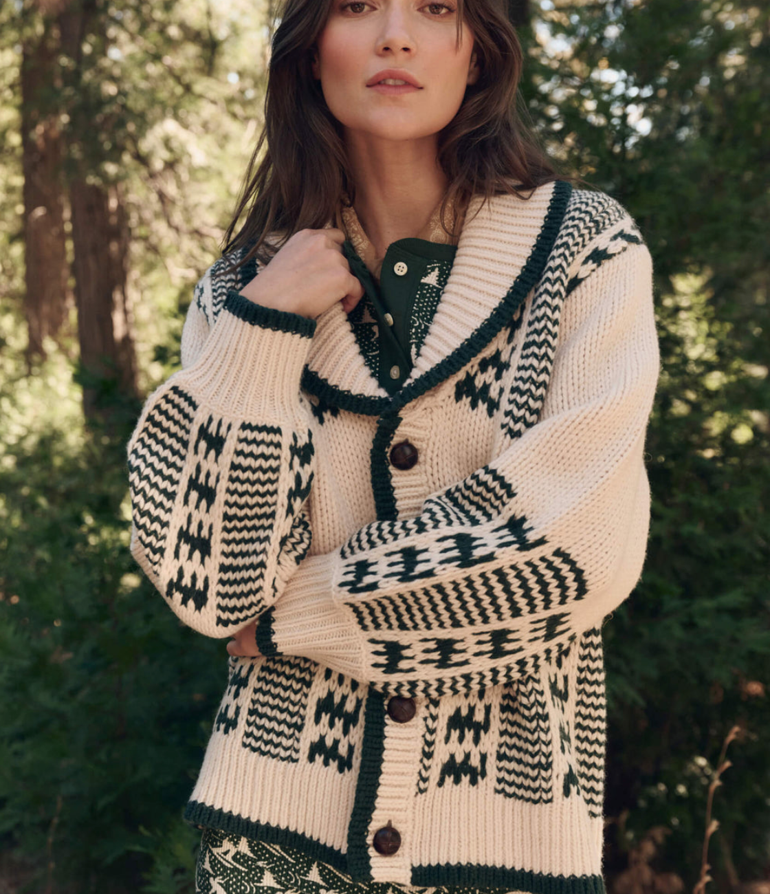The Chalet Cardigan Sweater Cream & Forest