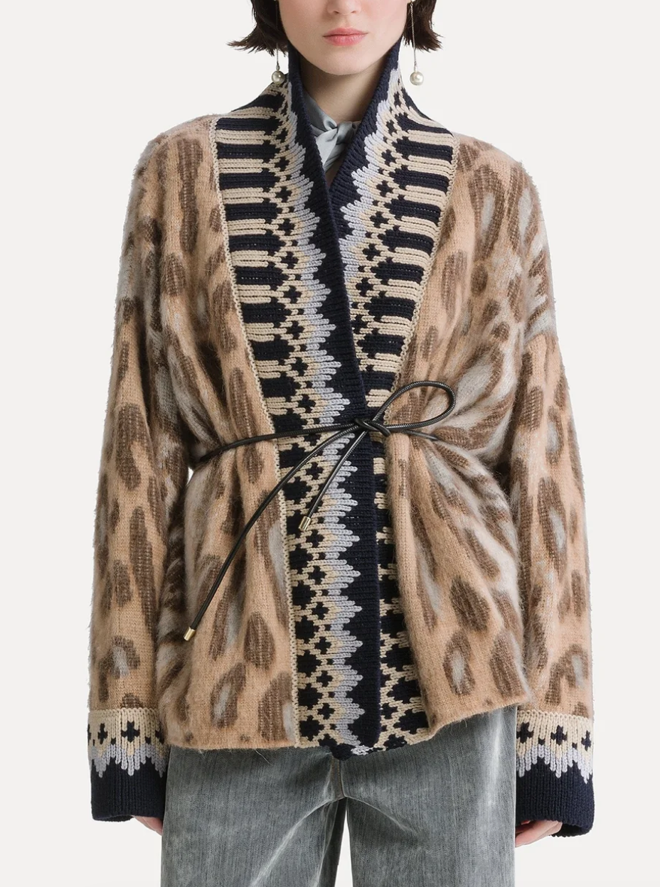 "the brit leopard" alpaca jacquard cardign gold giallo oro