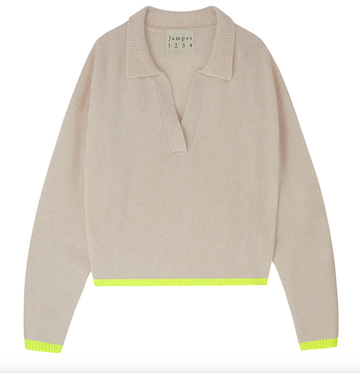 Tipped crop collar cashmere sweater oatmeal with neon yellow trim