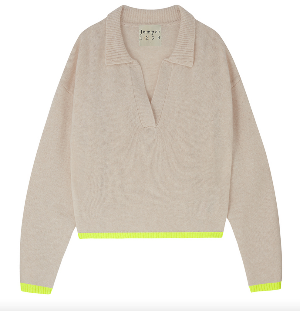 Tipped crop collar cashmere sweater oatmeal with neon yellow trim